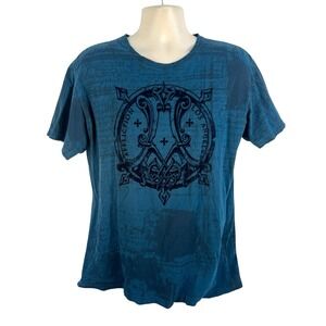 y2k Affliction teal green flocked print mens sz L distressed raw edge t shirt